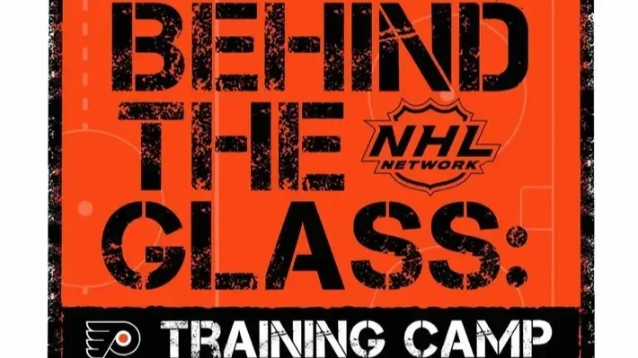Cover image for 'Behind the Glass: NHL Training Camp' featuring an orange background with black and white text and NHL and Flyers logos.