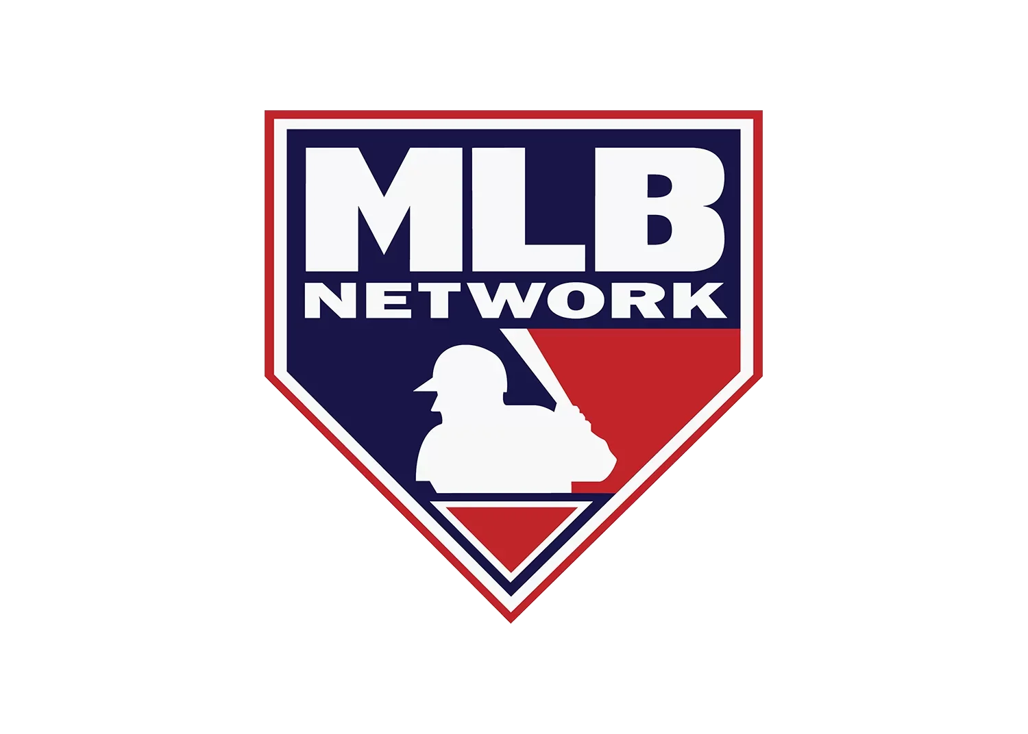 MLB Network logo with a shield shape, featuring the silhouette of a baseball player in white and the colors navy blue, white, and red.