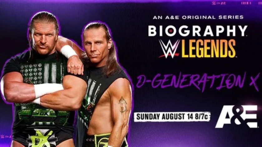 Promotional poster for WWE Legends Biography series featuring WWE wrestlers. The poster shows two male wrestlers standing side by side, one with long hair and boxing wristbands, and the other with shoulder-length hair and a tattoo on arm. The background is purple, with text indicating the show airs on August 14 on A&E.