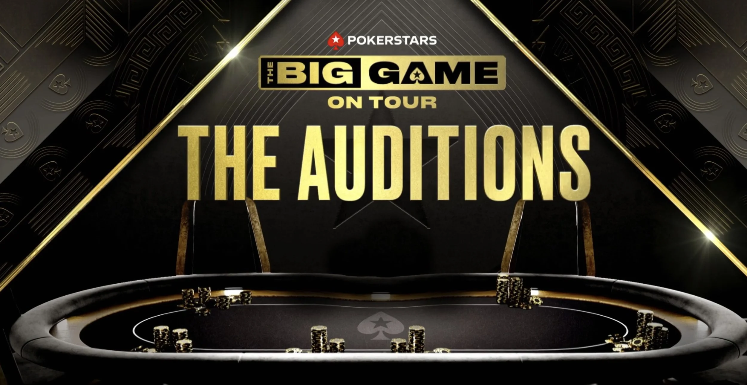 Promotional graphic for PokerStars' 'The Big Game' poker tournament, showing a poker table with chips and stakes, with black and gold design elements and bold text.