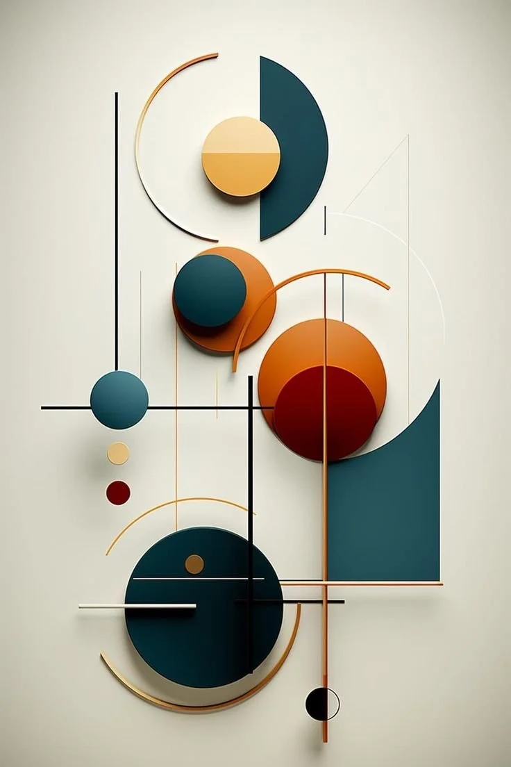 Abstract geometric wall art featuring circles, semi-circles, and lines in shades of blue, orange, beige, and black.