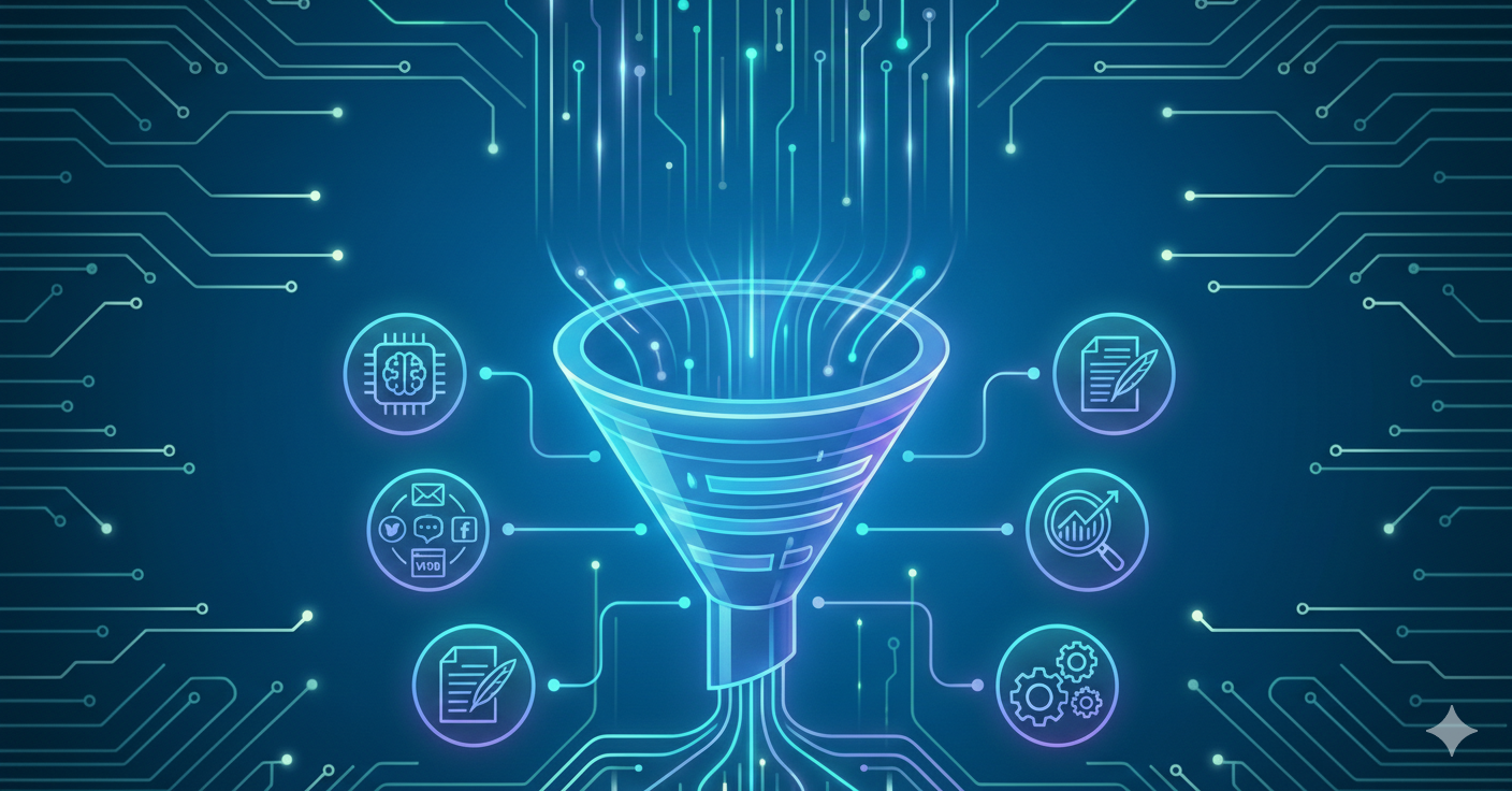 Digital illustration of a funnel with light streams flowing into it, surrounded by icons representing data processing, artificial intelligence, analytics, and digital communication.
