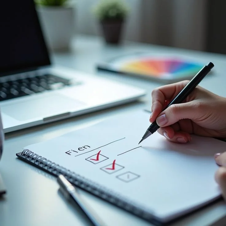 A person is marking a checklist with red checkmarks on a sheet of paper labeled 'Fien', with a laptop, color swatch, and potted plant in the background.