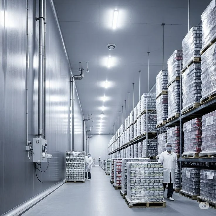 Warehouse with tall shelves filled with pallets of goods, workers in white coats and face masks inspecting boxes.