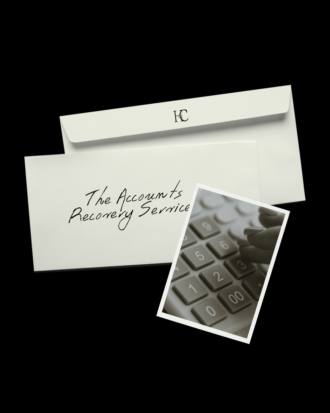 Envelope with the text 'The Accounts Recovery Service' and an inset photo of a person's hand pressing numbers on a calculator