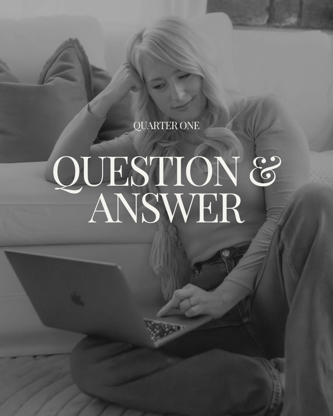 A female accountant sitting on the floor using a laptop, with the text "Quarter One Question & Answer" overlaid on the image.