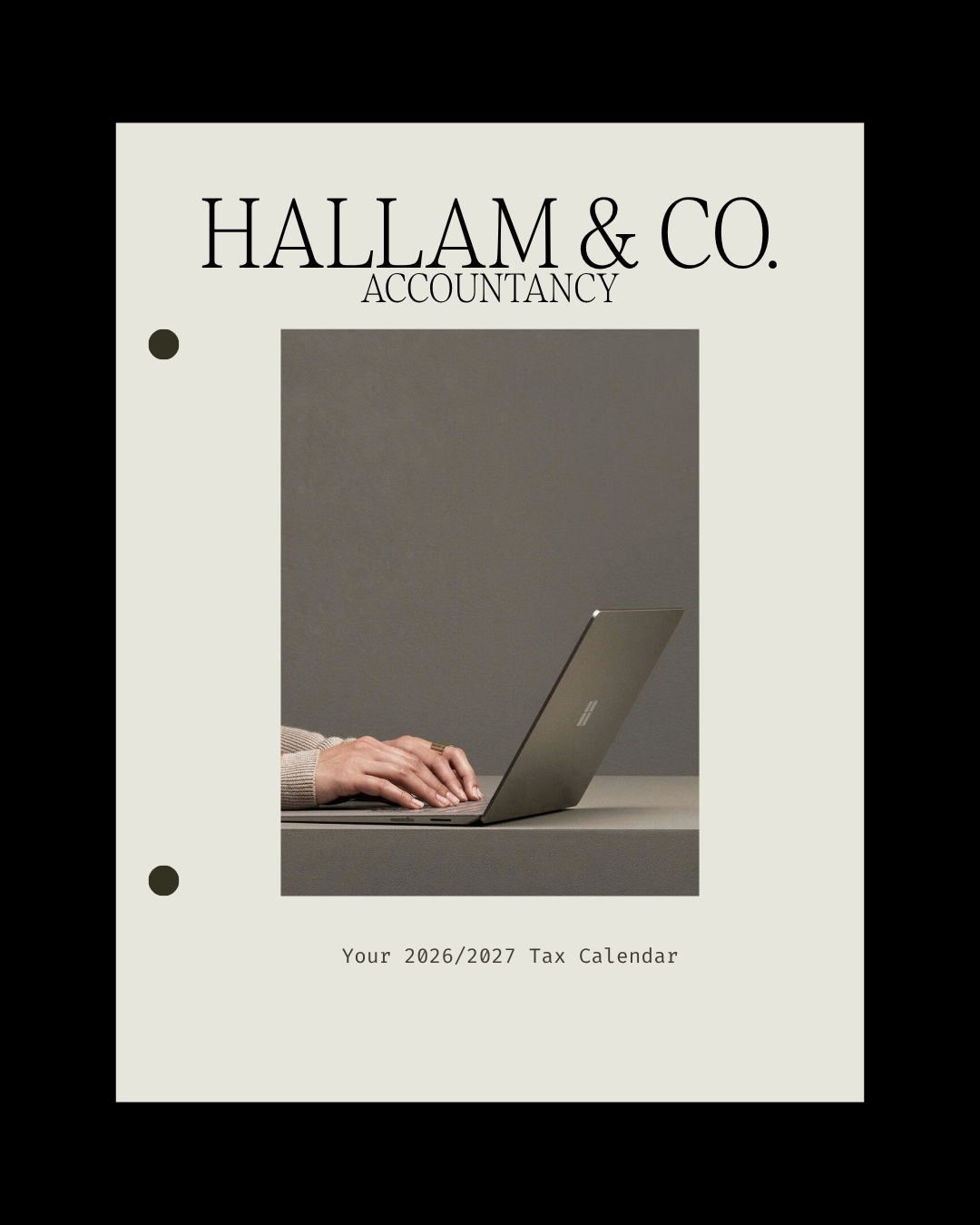 Cover of a tax calendar for Hallam & Co. Accountancy for the year 2026/2027, featuring a person using a gray laptop against a plain background.