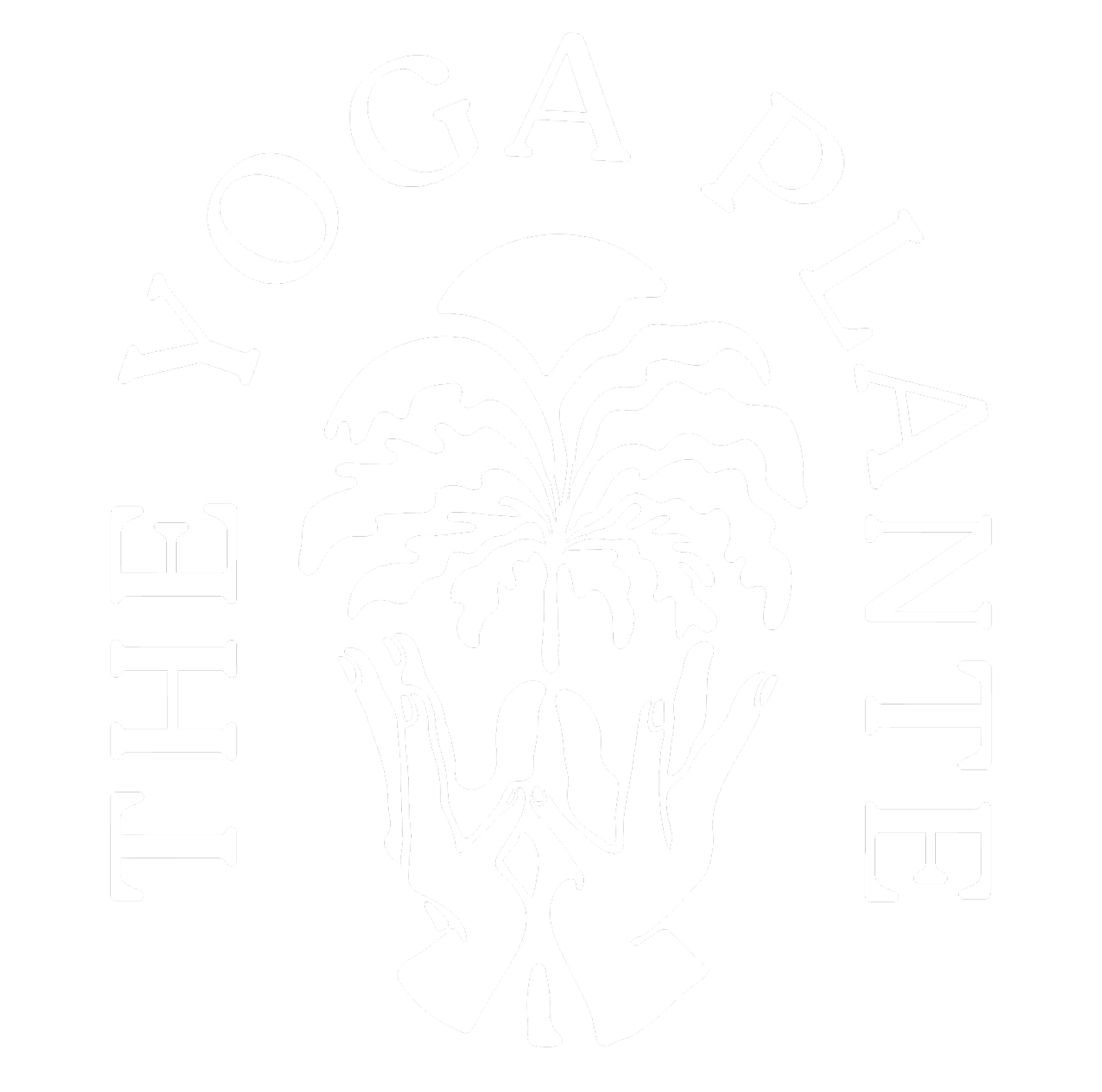 Black and white logo featuring hands holding a plant or flowers with text arching above and below that reads 'THE OGA PLANET'.
