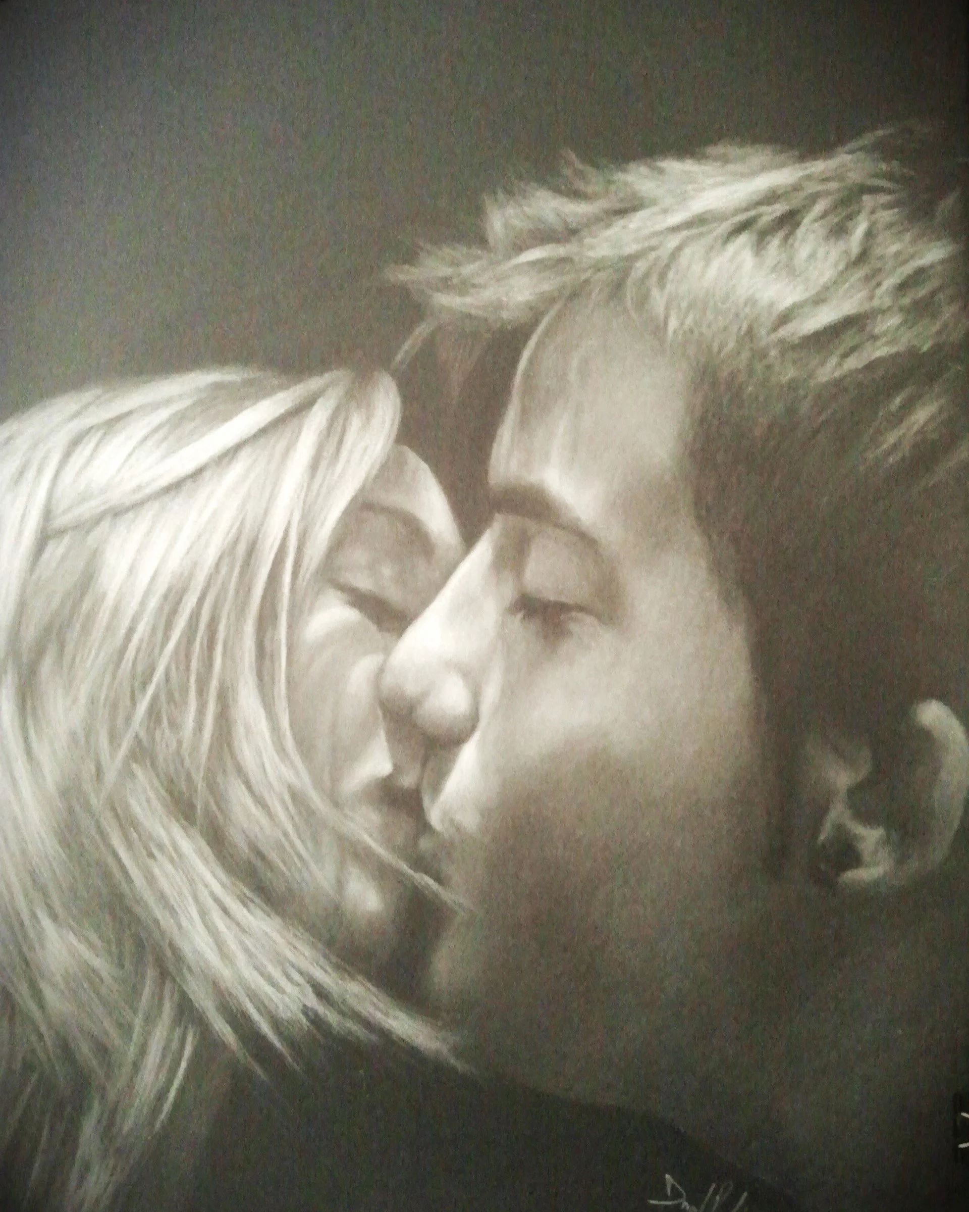 Black and white drawing of a couple kissing, with eyes closed and faces close together.