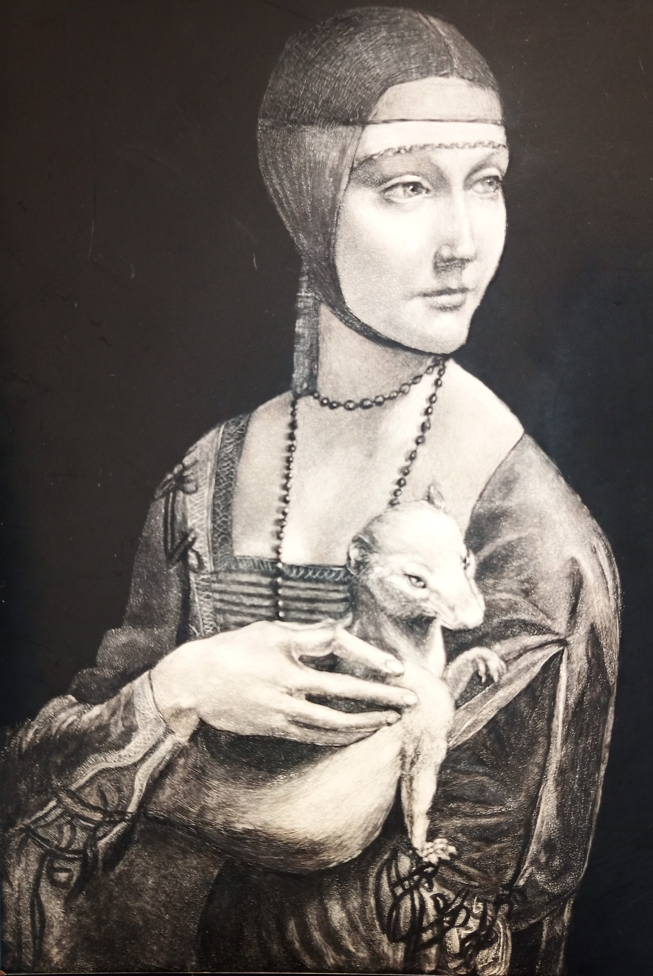 Black and white drawing of a woman in medieval attire, holding a small creature resembling a dragon or mythical animal. Inspired by Leonardo da Vinci's Lady with an ermine.