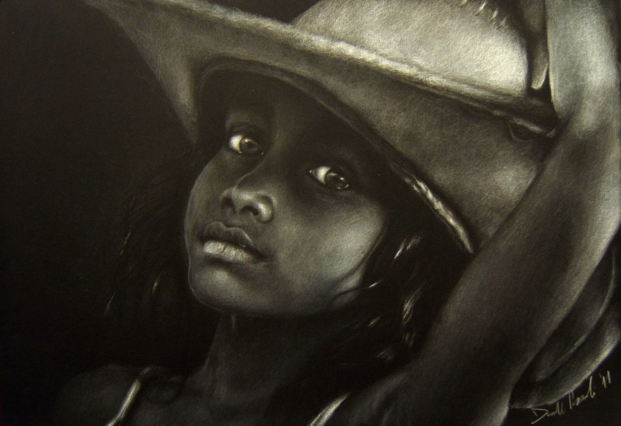 Close-up black and white drawing of a young woman wearing a wide-brimmed hat. She has long hair and a serious, contemplative expression.