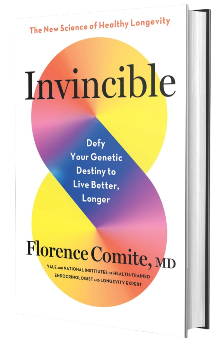 The book cover titled 'Invincible' by Florence Comite, MD, features vibrant overlapping circles in yellow, pink, purple, and red, with a blue triangle overlay. The subtitle reads 'Defy Your Genetic Destiny to Live Better, Longer,' and it highlights the author's credentials as a healthcare-trained endocrinologist and longevity expert.