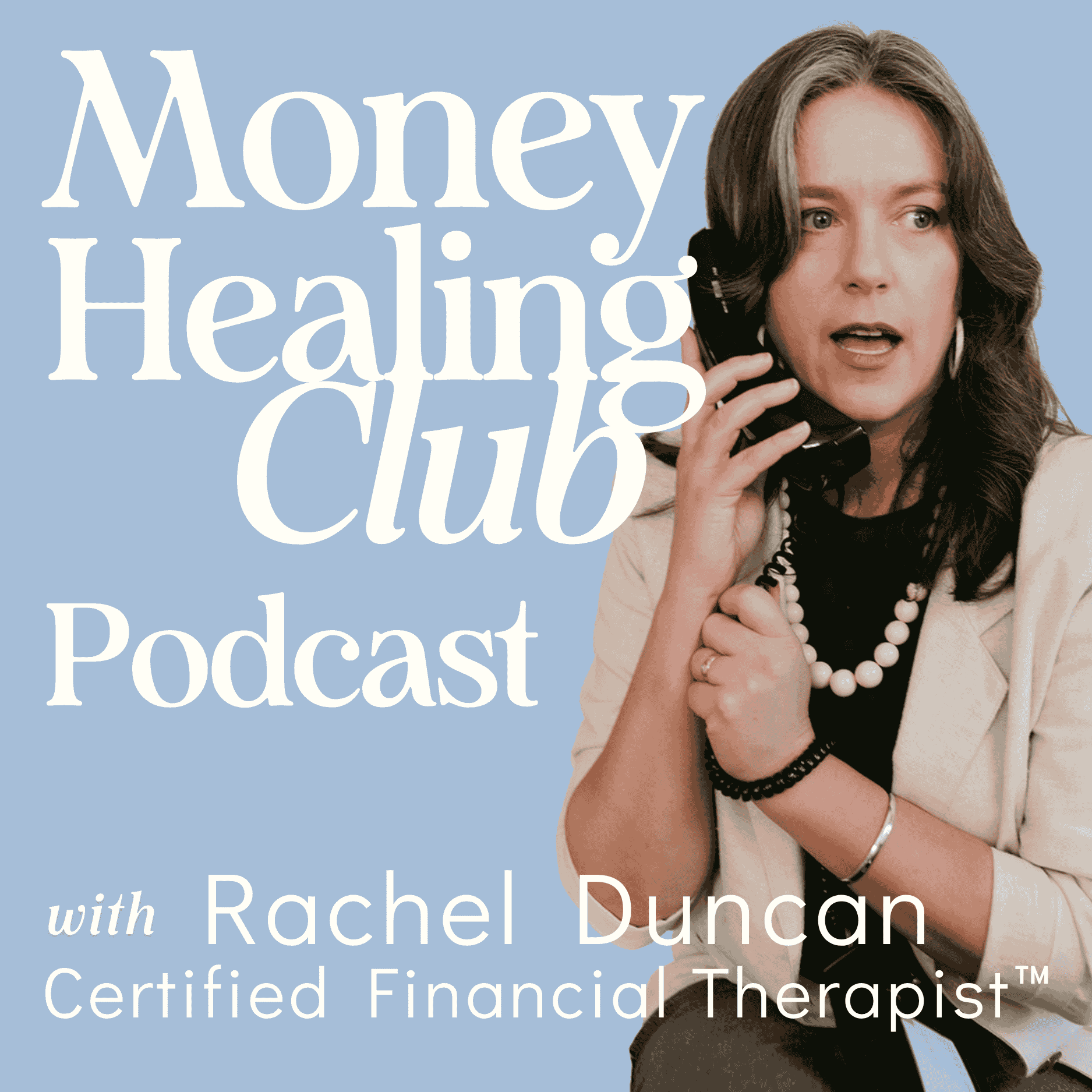 Rachel on the telephone with the Money Healing Club podcast logo