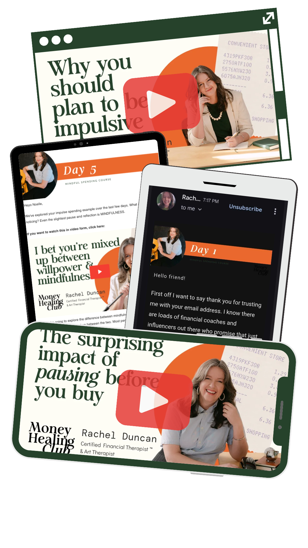 Collage of digital screenshots promoting a mindful spending challenge with Rachel Duncan, a financial therapist, featuring email messages, a video thumbnail of her smiling, and a mobile phone displaying text about the impact of pausing before buying.