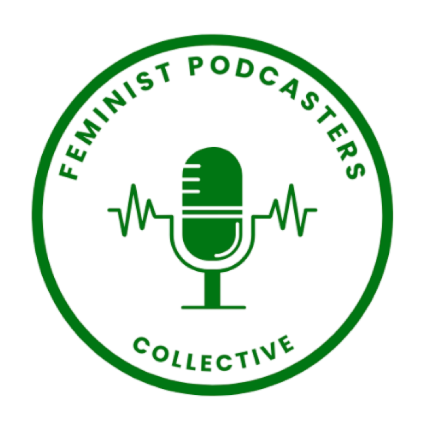 Logo of Feminist Podcasters Collective featuring a green microphone and sound waves inside a circular design.