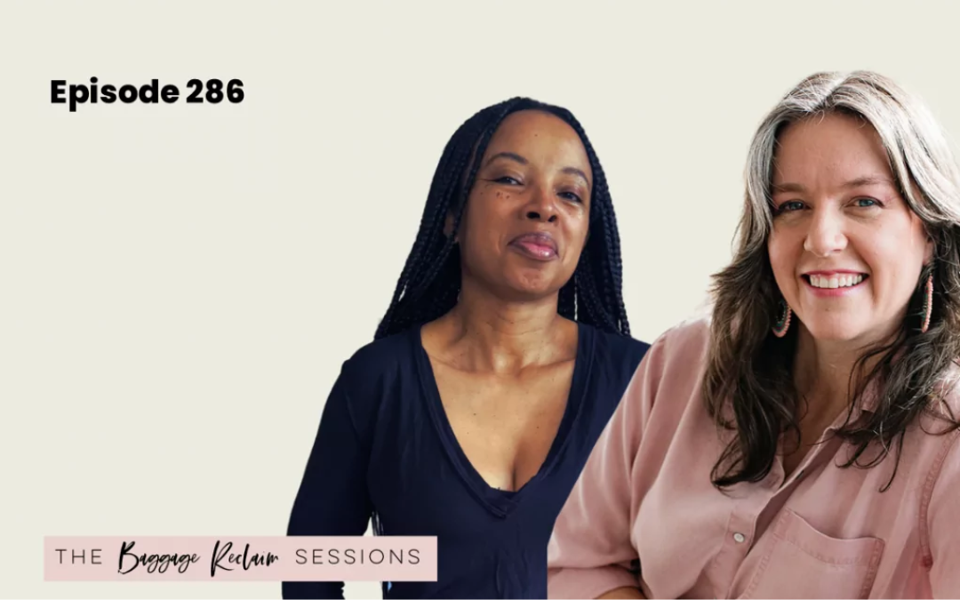 Two women smiling and standing together for a promotional image, with text indicating episode 286 of 'The Baggage Reclaim Sessions' podcast.