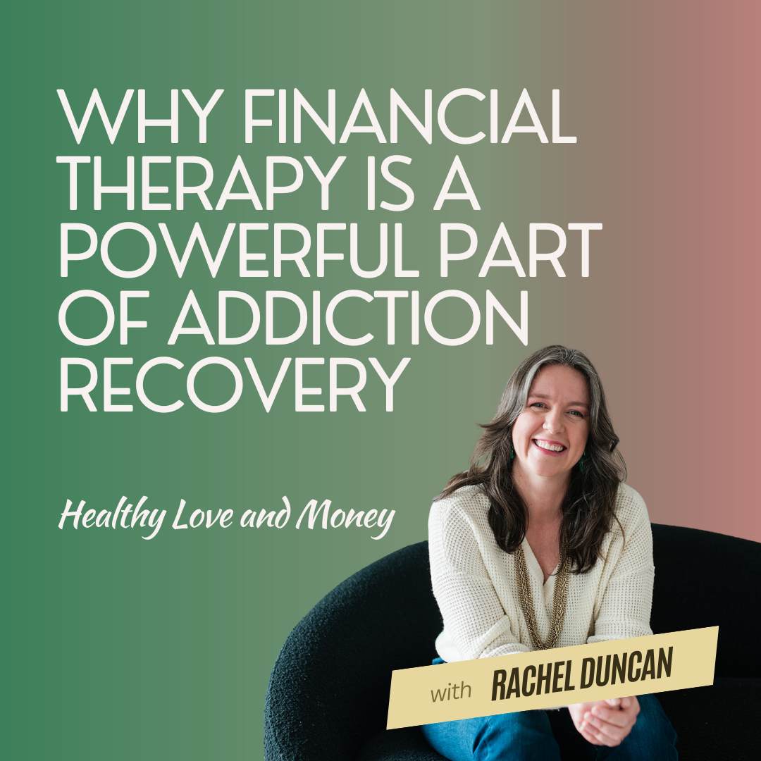 Promotional graphic for Rachel Duncan's program on financial therapy, featuring a smiling woman sitting in a black chair with a multicolored background.
