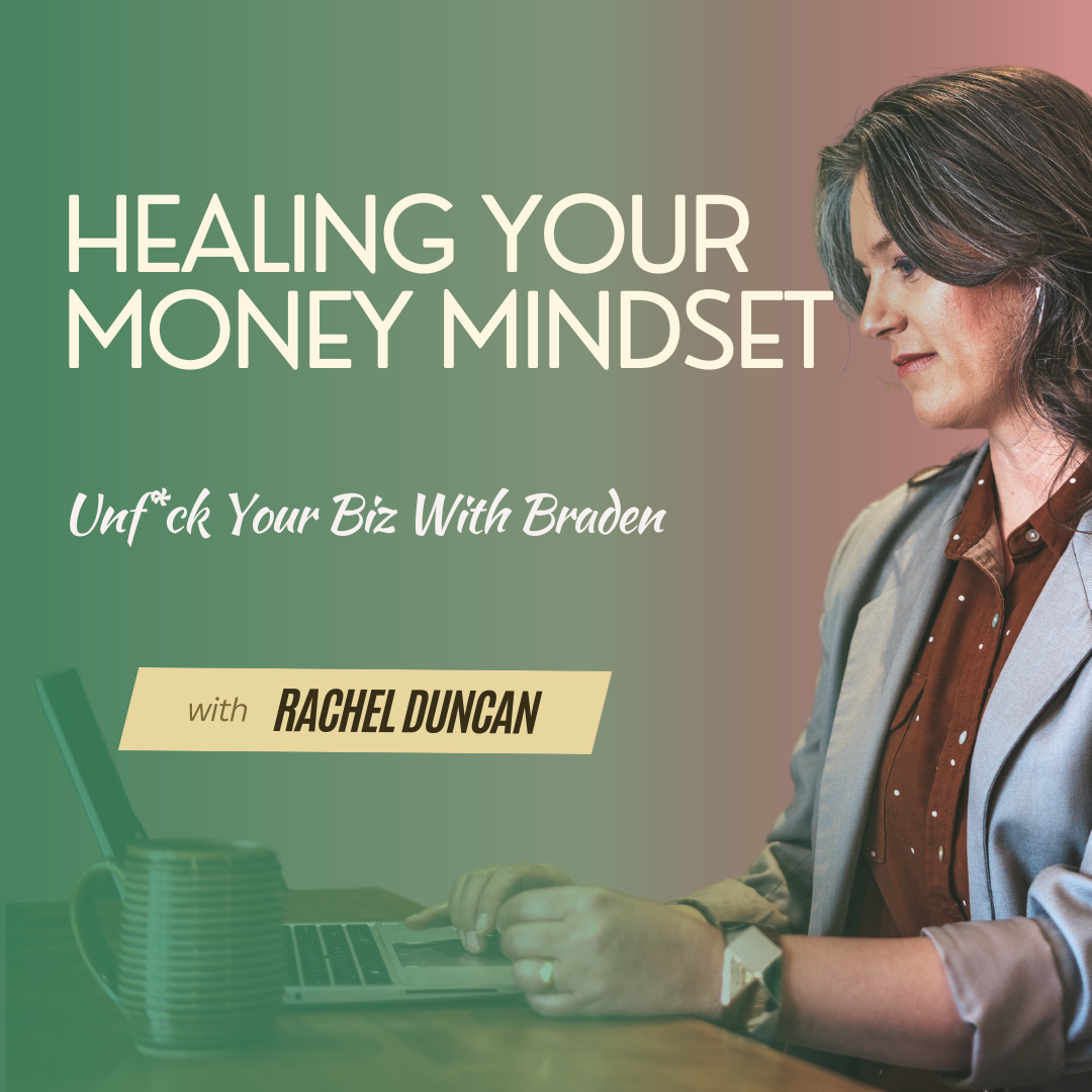 Book cover or promotional image featuring a woman with dark hair working on a laptop, promoting a podcast titled 'Healing Your Money Mindset' with Rachel Duncan.