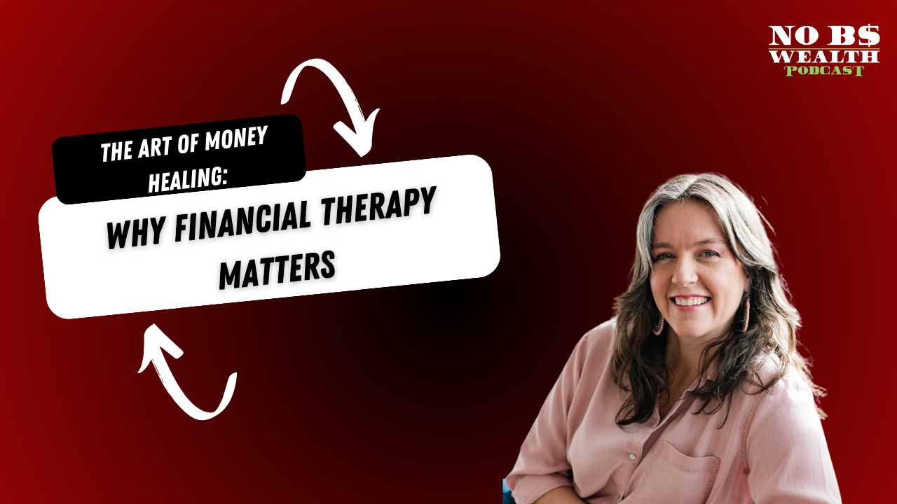 A woman smiling in front of a red background with text about financial therapy and a podcast logo.