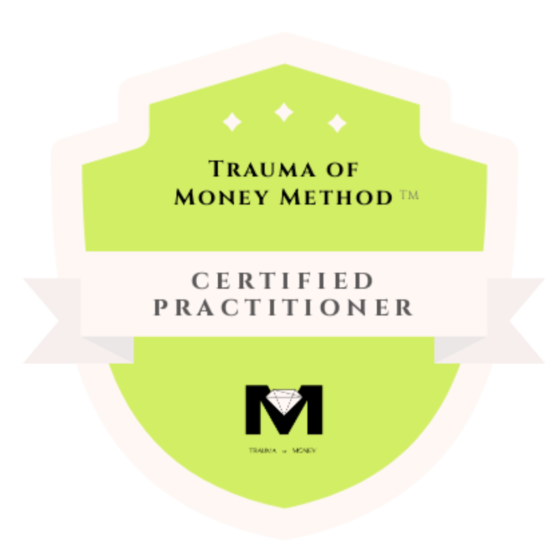 Trauma of Money Method certified practitioner badge with a black and white diamond graphic, a large 'M', and a white ribbon banner.