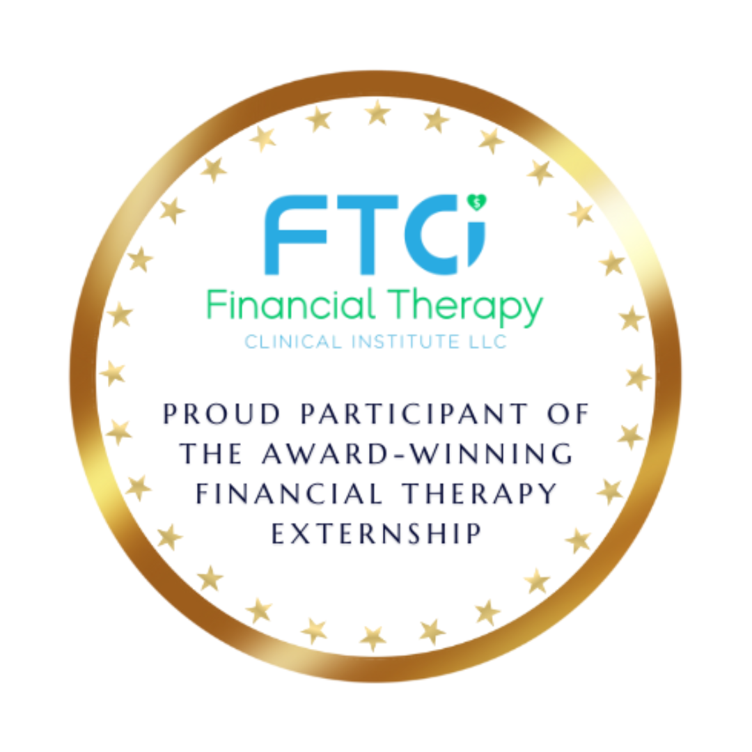 Gold and white circular badge with blue and green text, stars around the border, and a message recognizing participation in a financial therapy externship program.