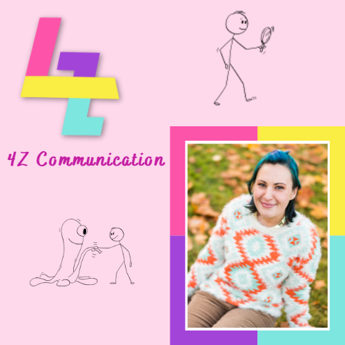 A graphic design with colored geometric shapes, hand-drawn stick figures, a company logo saying '42 Communication', and a portrait of a smiling woman with blue hair wearing a patterned sweater, sitting outdoors with autumn leaves.