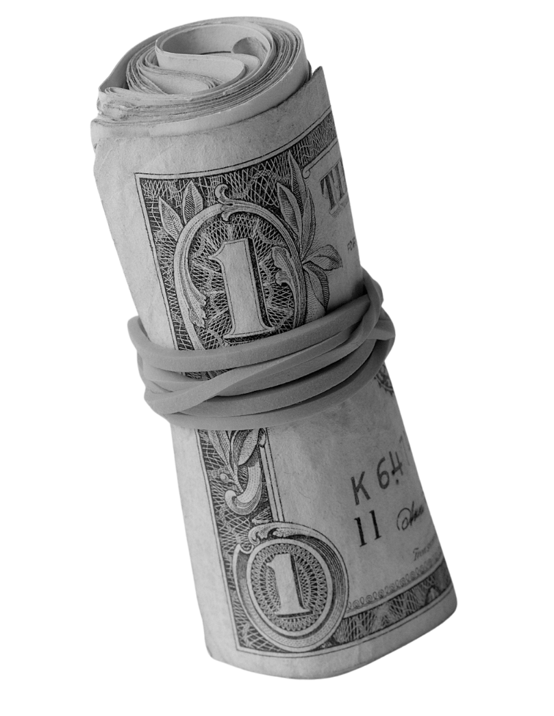 Roll of US dollar bills with a rubber band around it, grayscale image.