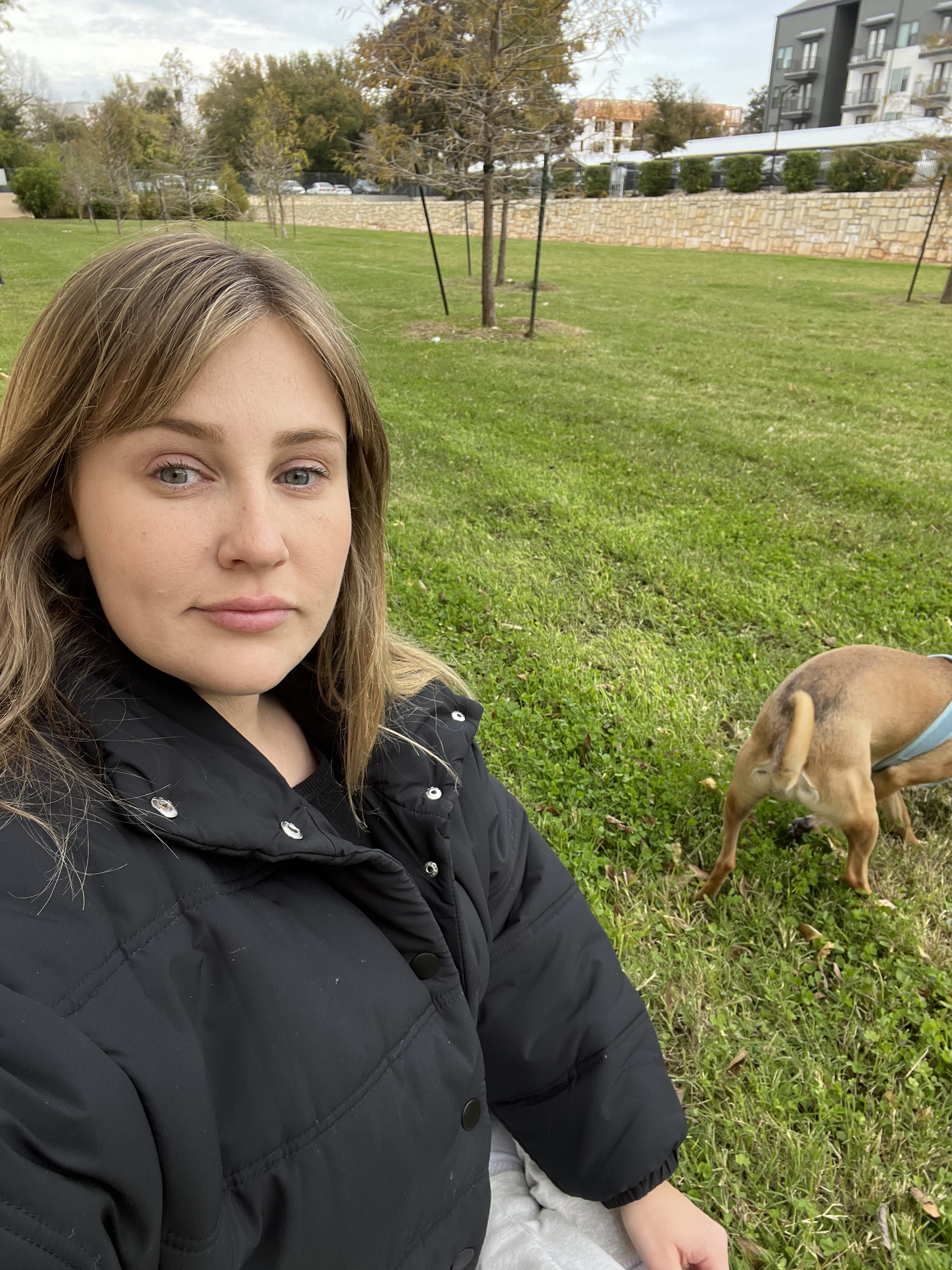 A young woman with light brown hair sitting on the grass in a park, wearing a black jacket. A brown dog with a blue collar is sniffing the ground nearby. There are trees, a stone wall, and modern apartment buildings in the background.