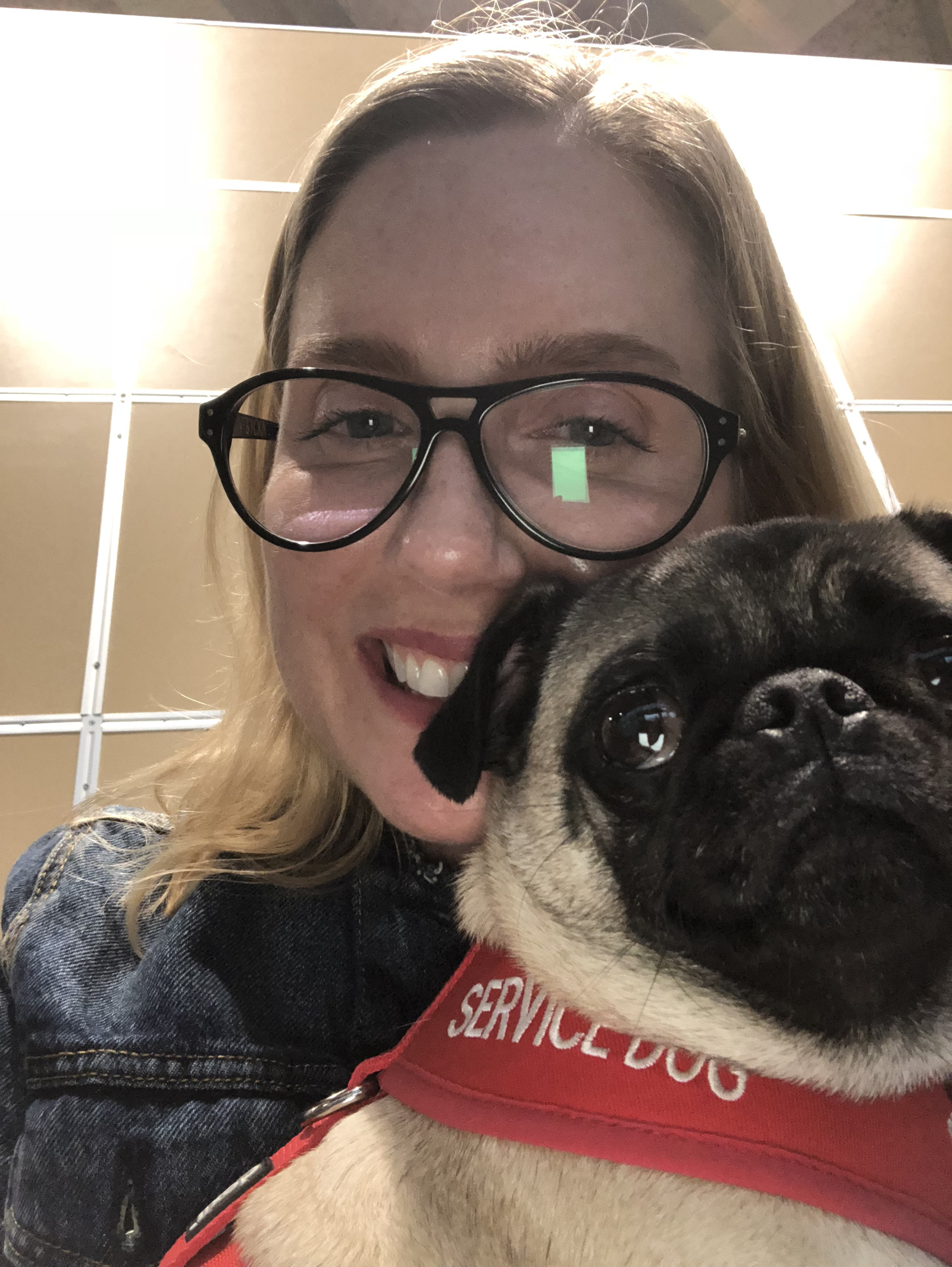 A woman with glasses smiling and taking a selfie with her pug dog, who is wearing a red service dog vest.