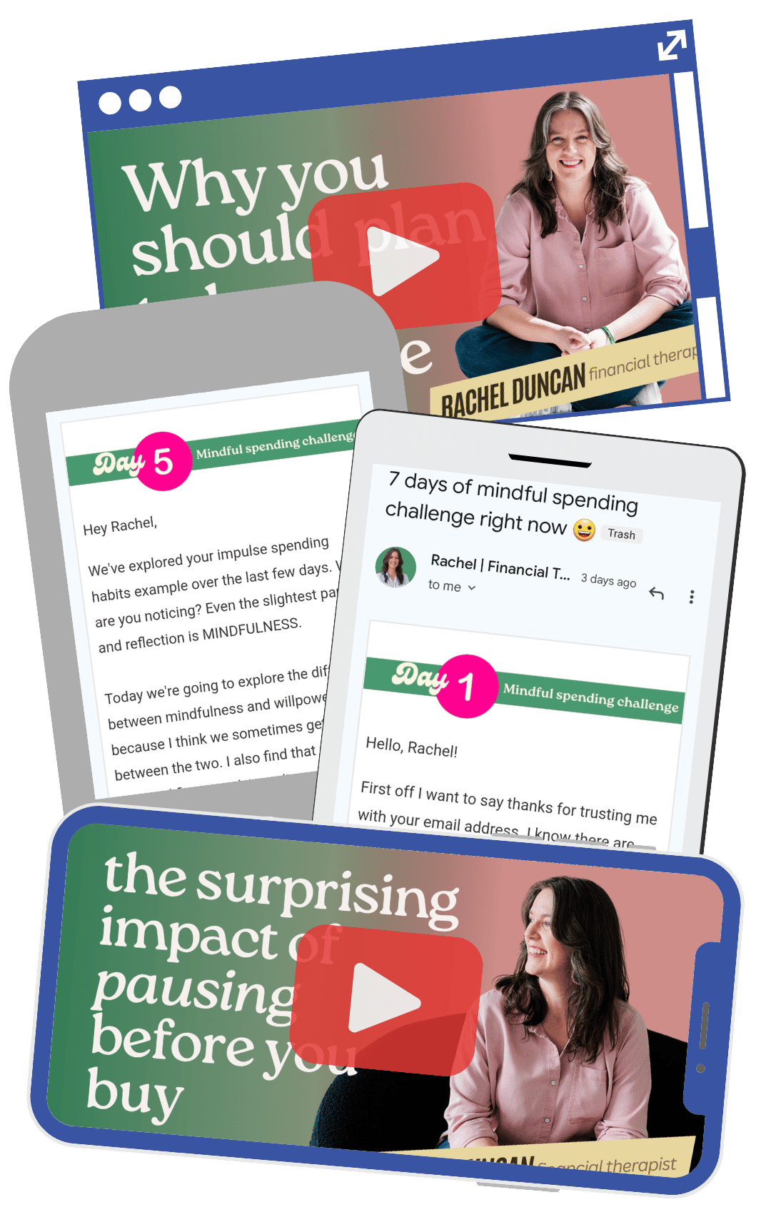 Digital marketing collage featuring video thumbnails of Rachel Duncan, a financial therapist, with titles like 'Why you should plan', 'The surprising impact of pausing before you buy', from mindful spending email course