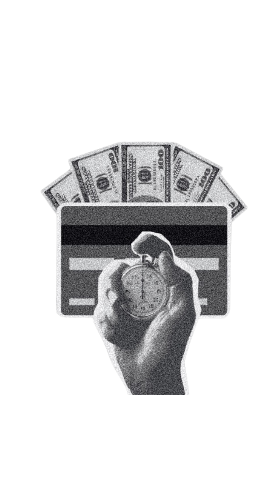 a hand holding a stopwatch in front of a credit card and fanned out money