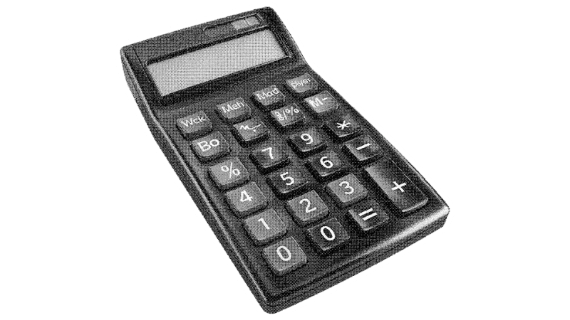 Black calculator with buttons for numbers and basic operations, placed on a white background.