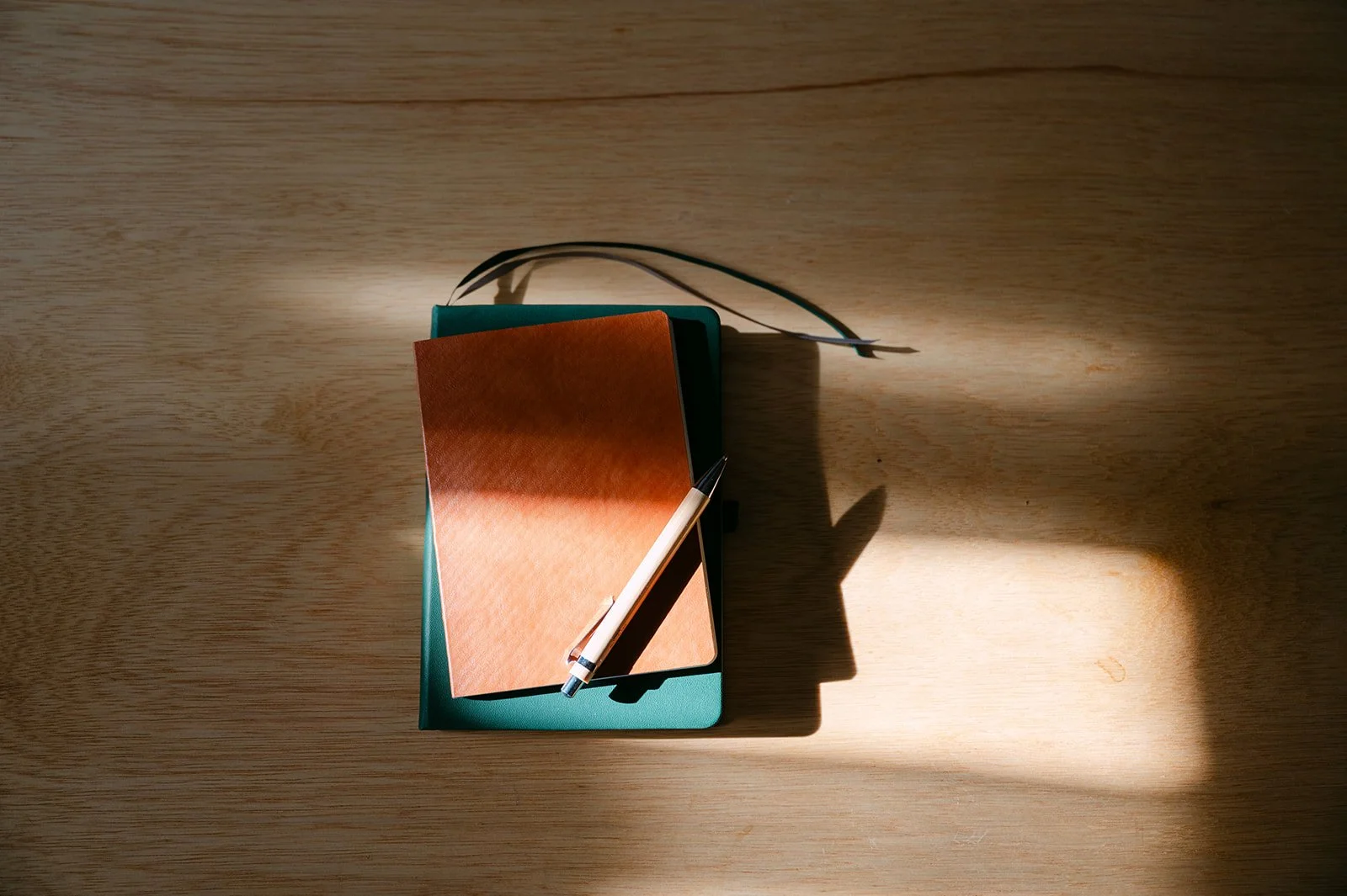 Photo of two journals and pen on a wooden table