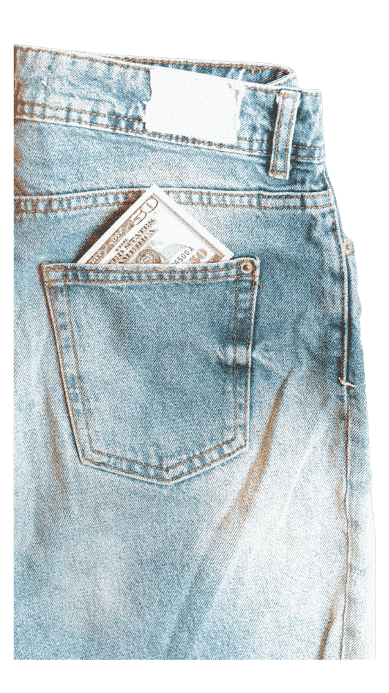 50 dollar bill sticking out of a pair of jeans pocket