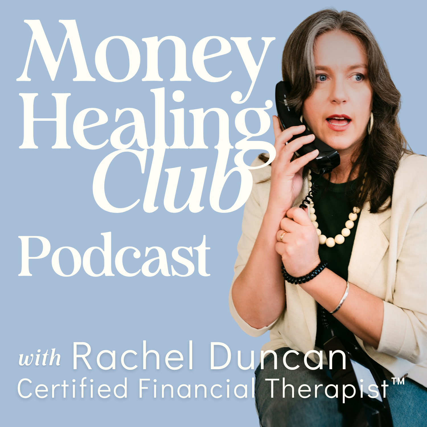 Rachel on the telephone with the Money Healing Club podcast logo