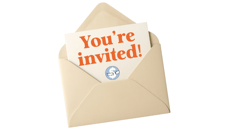 An off-white envelope with a card inside that reads "You're invited!" in large, orange text, partially visible.
