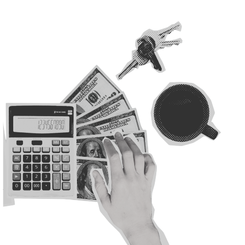 A calculator, a hand touching money, a microphone, a cup of coffee, and a pen on a workspace.