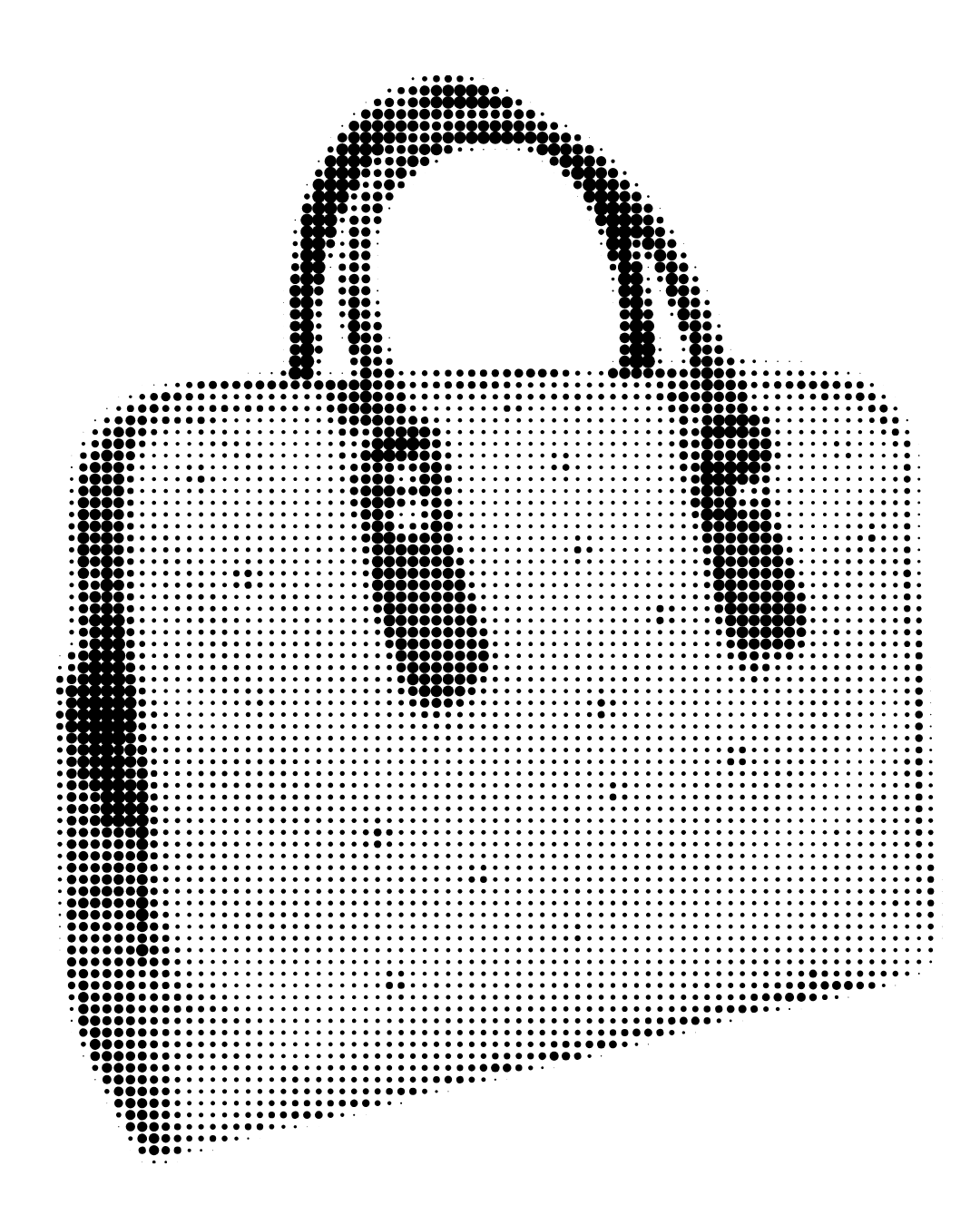 Illustration of a handbag, created using halftone dots in black and white.