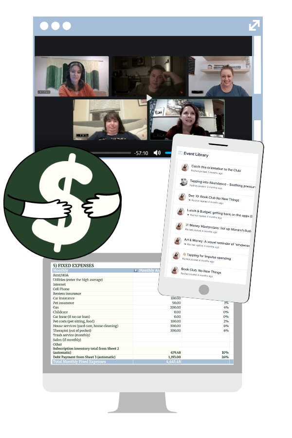 Virtual meeting with five people on a video call, a smartphone displaying a list of events, and financial documents with fixed expenses and monthly totals.