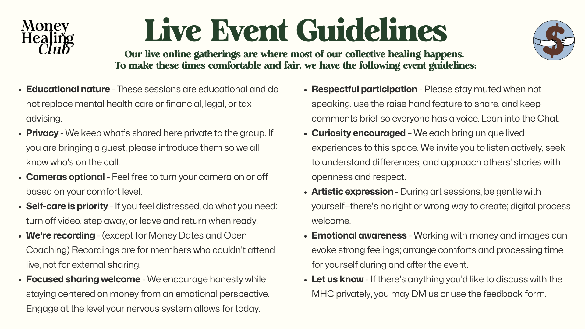 Guidelines for a Money Healing Club live event, including rules about privacy, respectful participation, curiosity, kindness, self-care, recording, and feedback, with a small icon of a hand holding money in the top left corner.