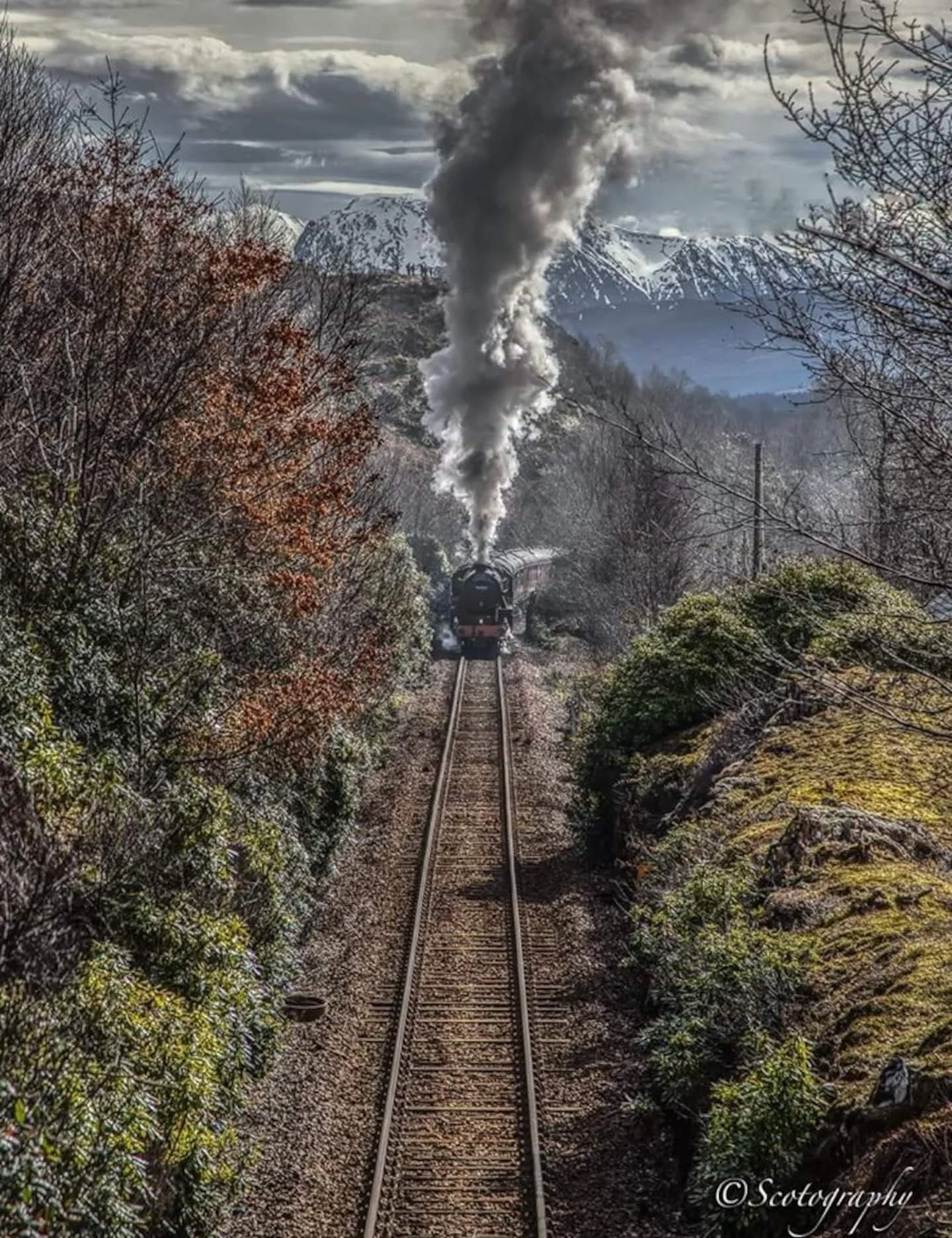A steam locomotive traveling on a railroad track through a mountainous landscape with snow-covered peaks in the background, smoke billowing from the engine.