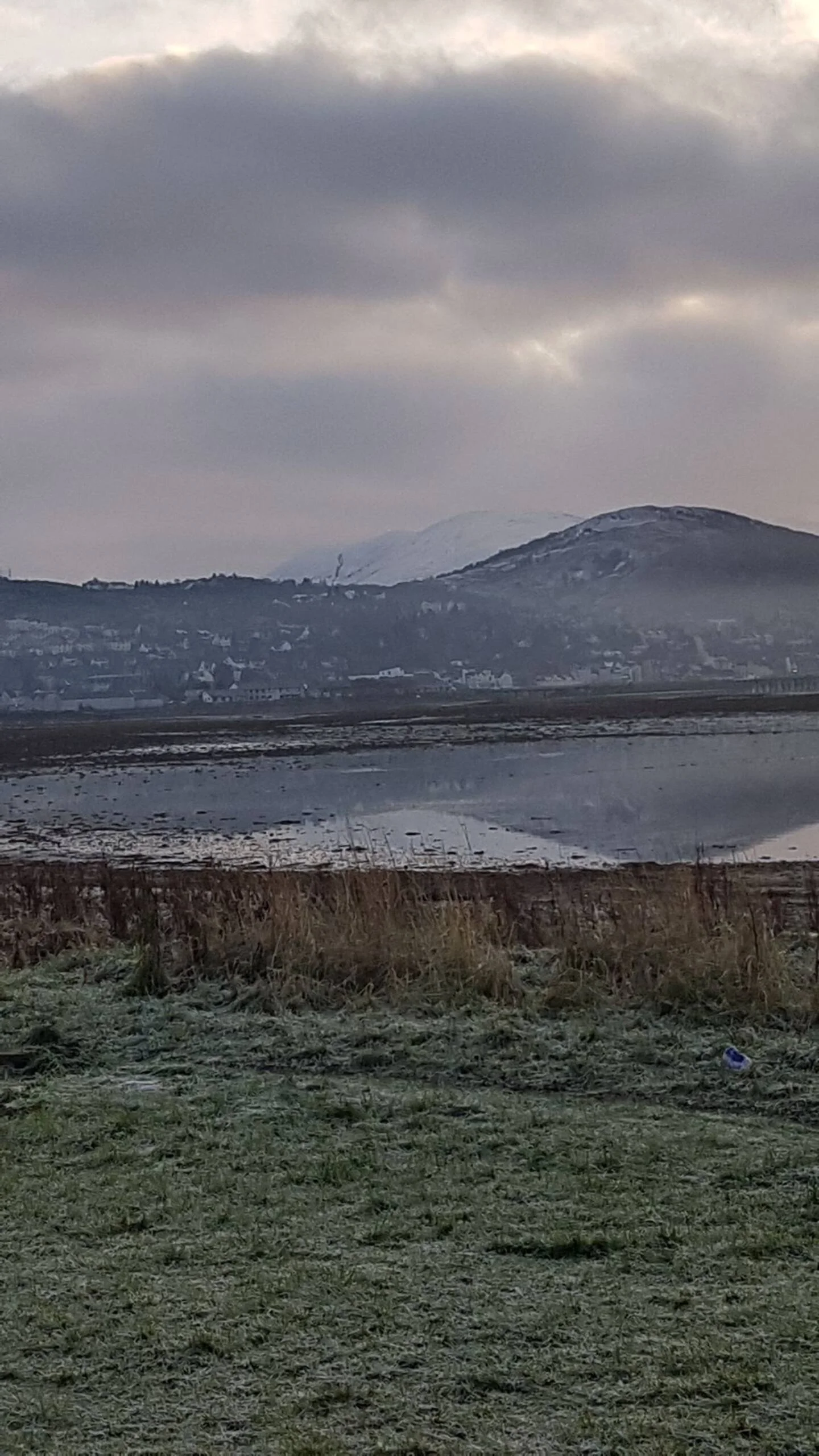 Scenic landscape with grassy foreground, water, distant mountains, and overcast sky.