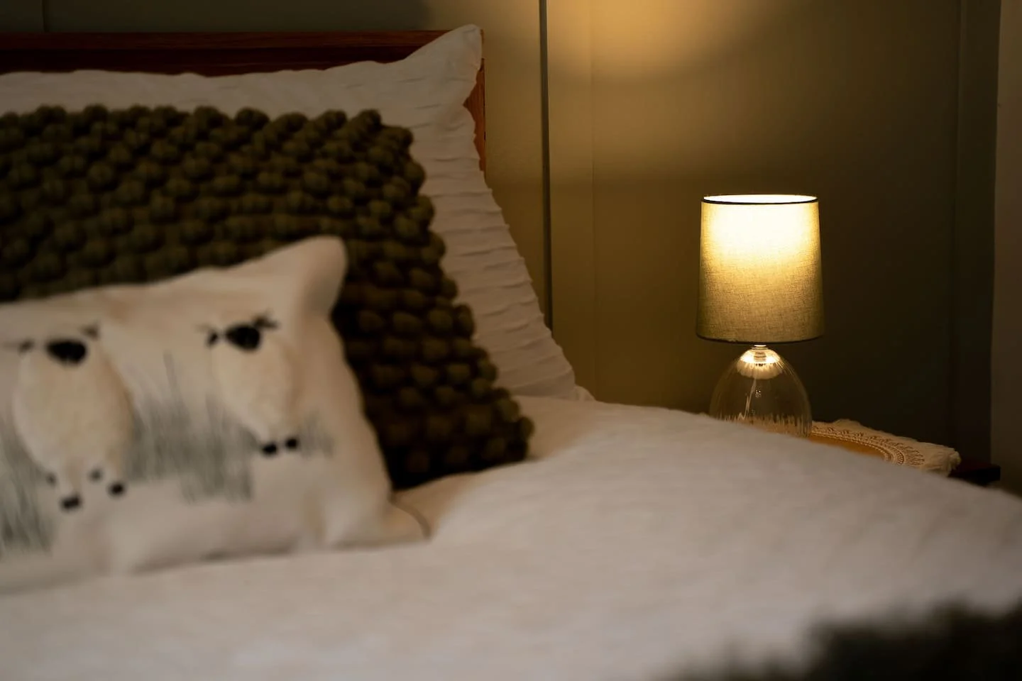 Cozy bedroom with a bed featuring decorative pillows, soft lighting from a table lamp, and neutral-colored walls.