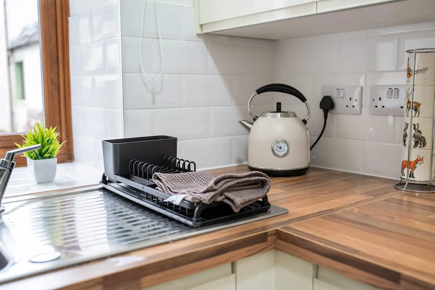 Kitchen countertop with a drying rack holding a towel, a kettle plugged into an electrical outlet, a small plant, and a decorative container with animal illustrations.