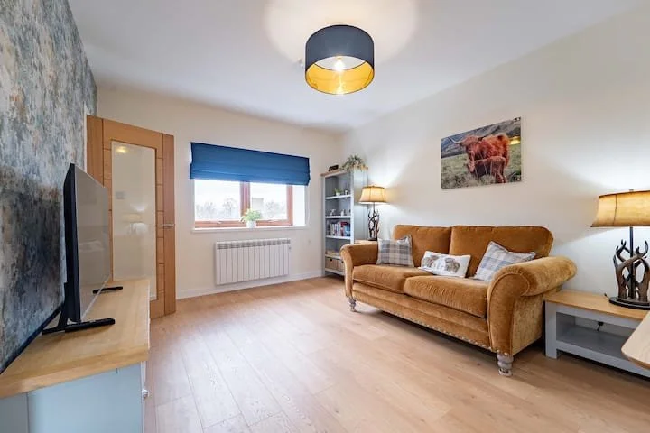 Living room with a mustard-colored sofa, side tables with lamps, a TV on a stand, a window with a blue blind, a bookshelf, and a painting of a cow on the wall.