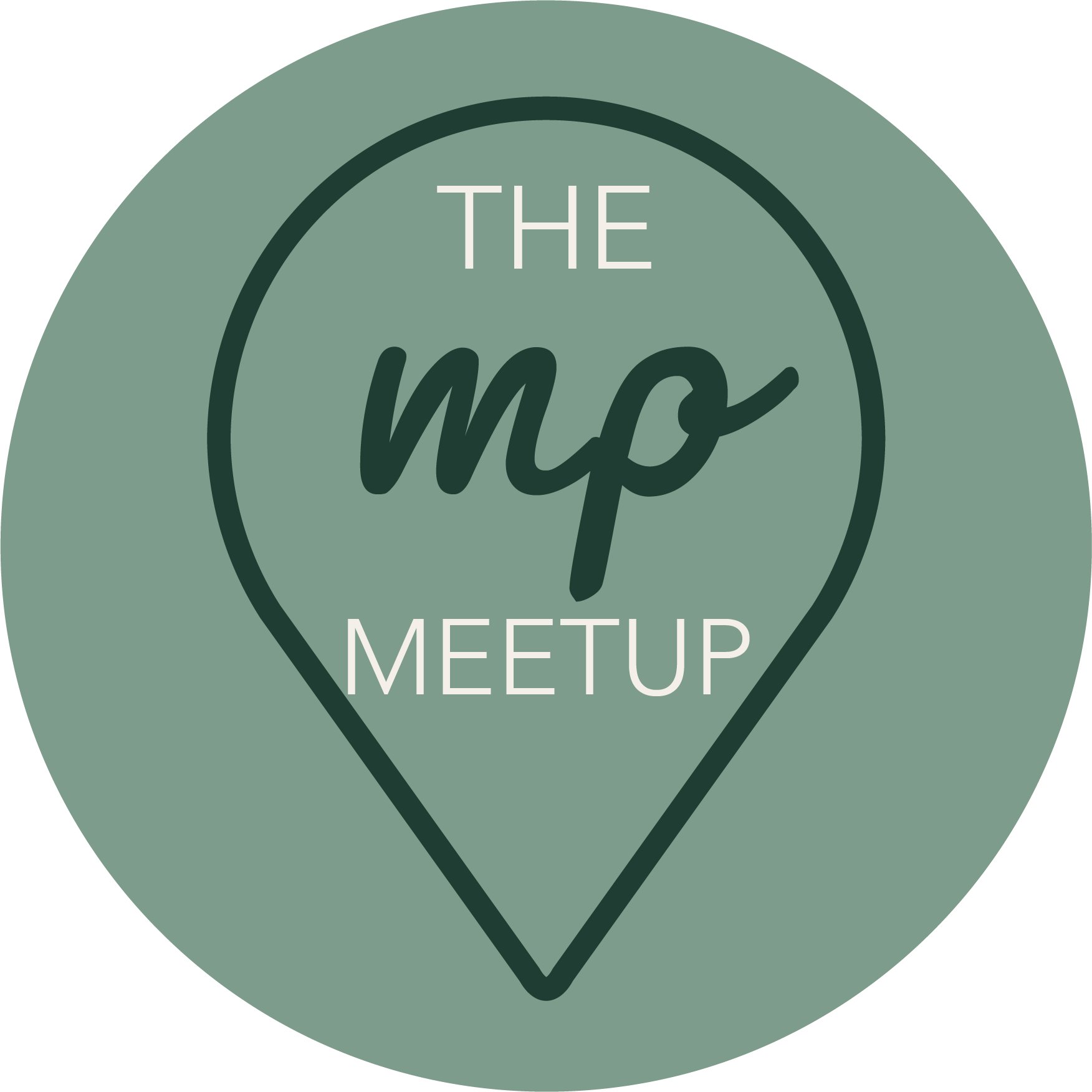 Green circular logo with a map marker shape outline containing the words 'The meetup' in white and 'mo' in script style in the center.