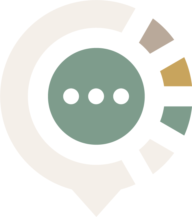 Graphic of a stylized magnifying glass with a speech bubble, containing three dots, beside a set of color segments.