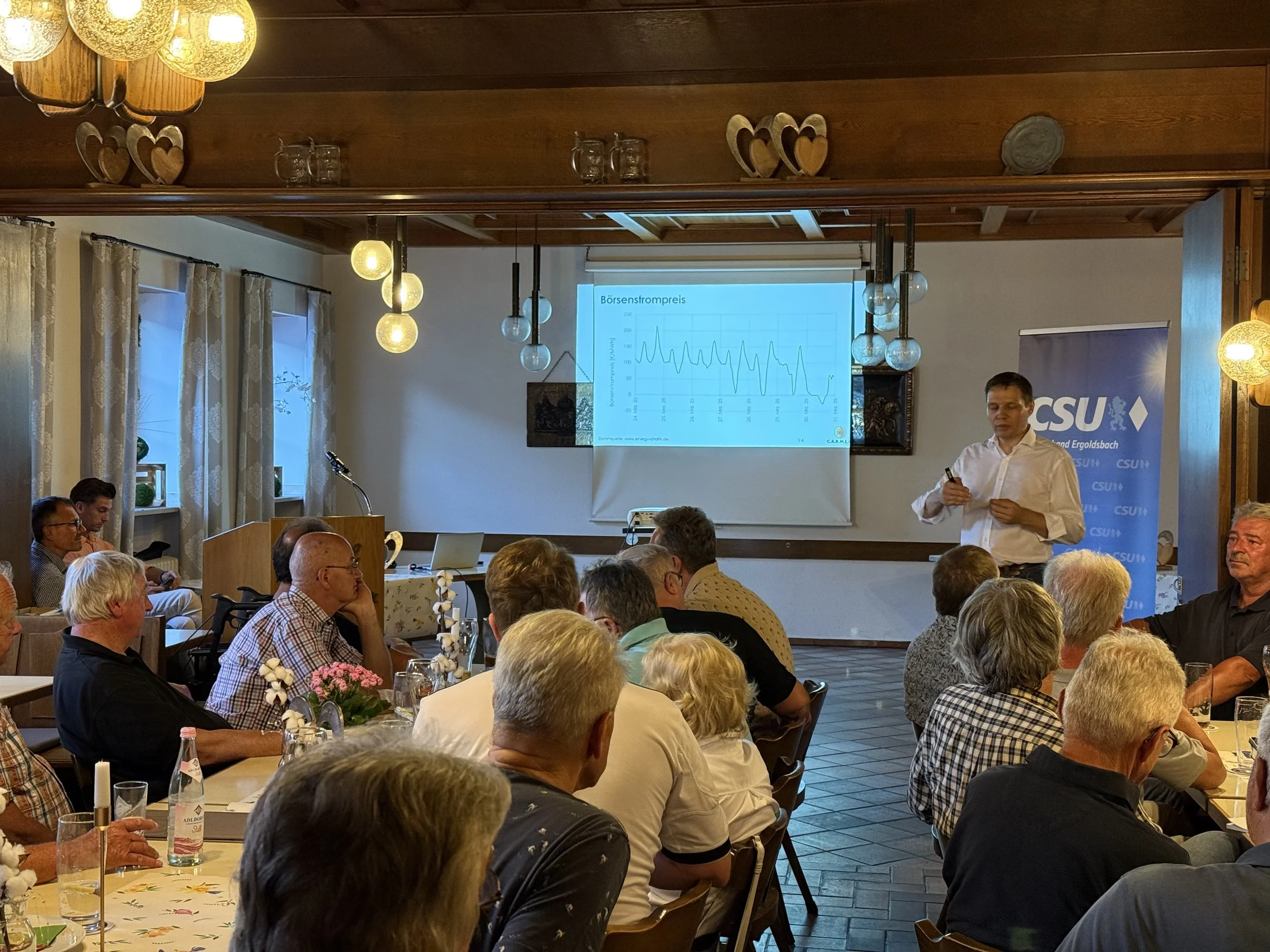 Ein Mann hält einen Vortrag vor einem Publikum in einem Restaurant mit hölzernen Deckenbalken, Herbstdekorationen und mehreren Tischen.