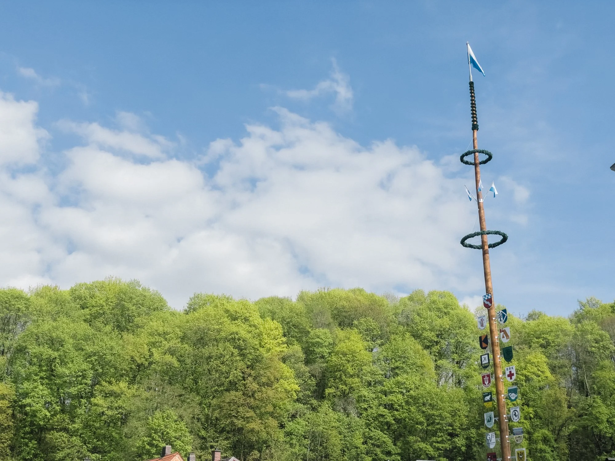 Ein Flaggenmast mit verschiedenen Wappen und Flaggen, vor einem bewaldeten Hügel im Grünen, unter einem blauen Himmel mit einigen Wolken.