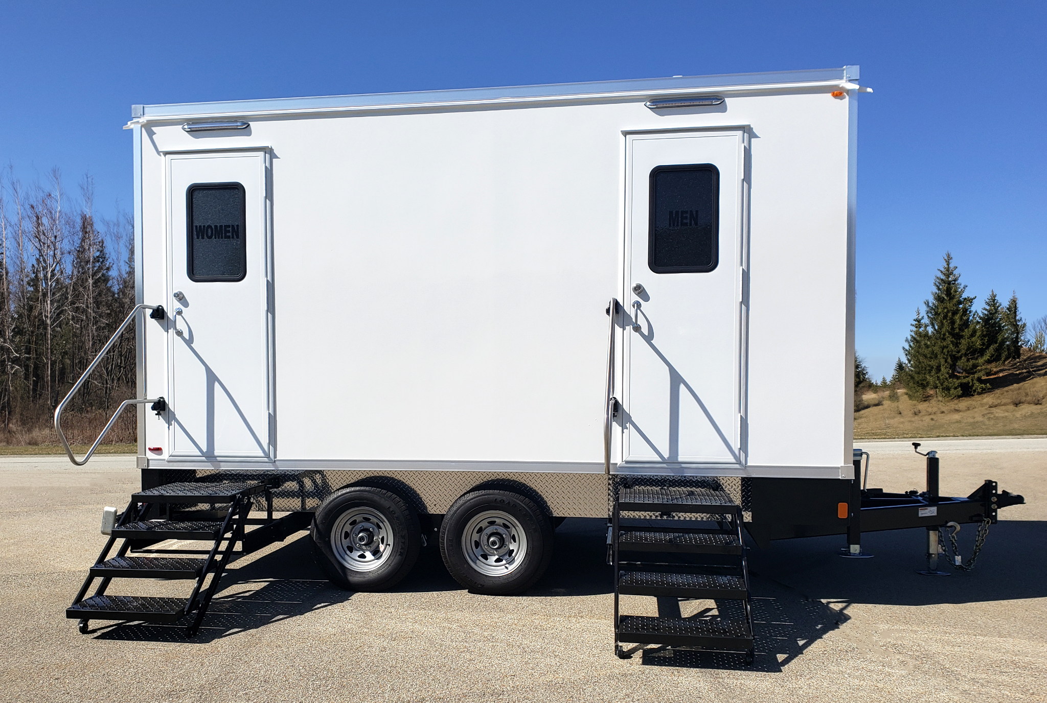 5 stall portable restroom trailer for construction projects and work sites.